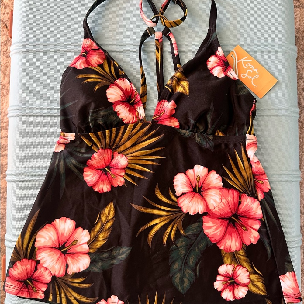 Kona Sol Black and Pink Floral Swim Top